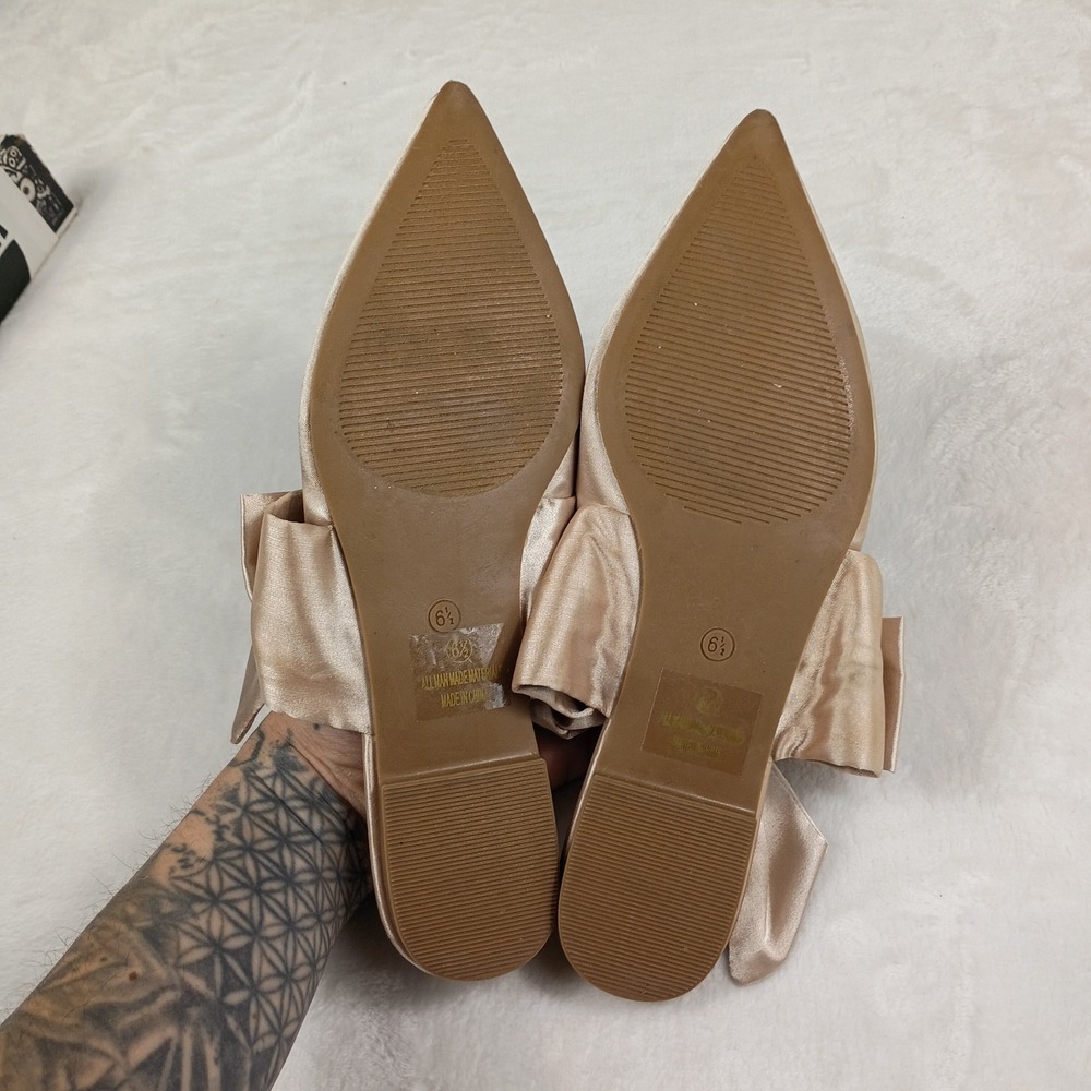 Lulus Mule Flats Womens 6.5 Champagne Satin Bow Pointed Toe Slides - Picture 6 of 7